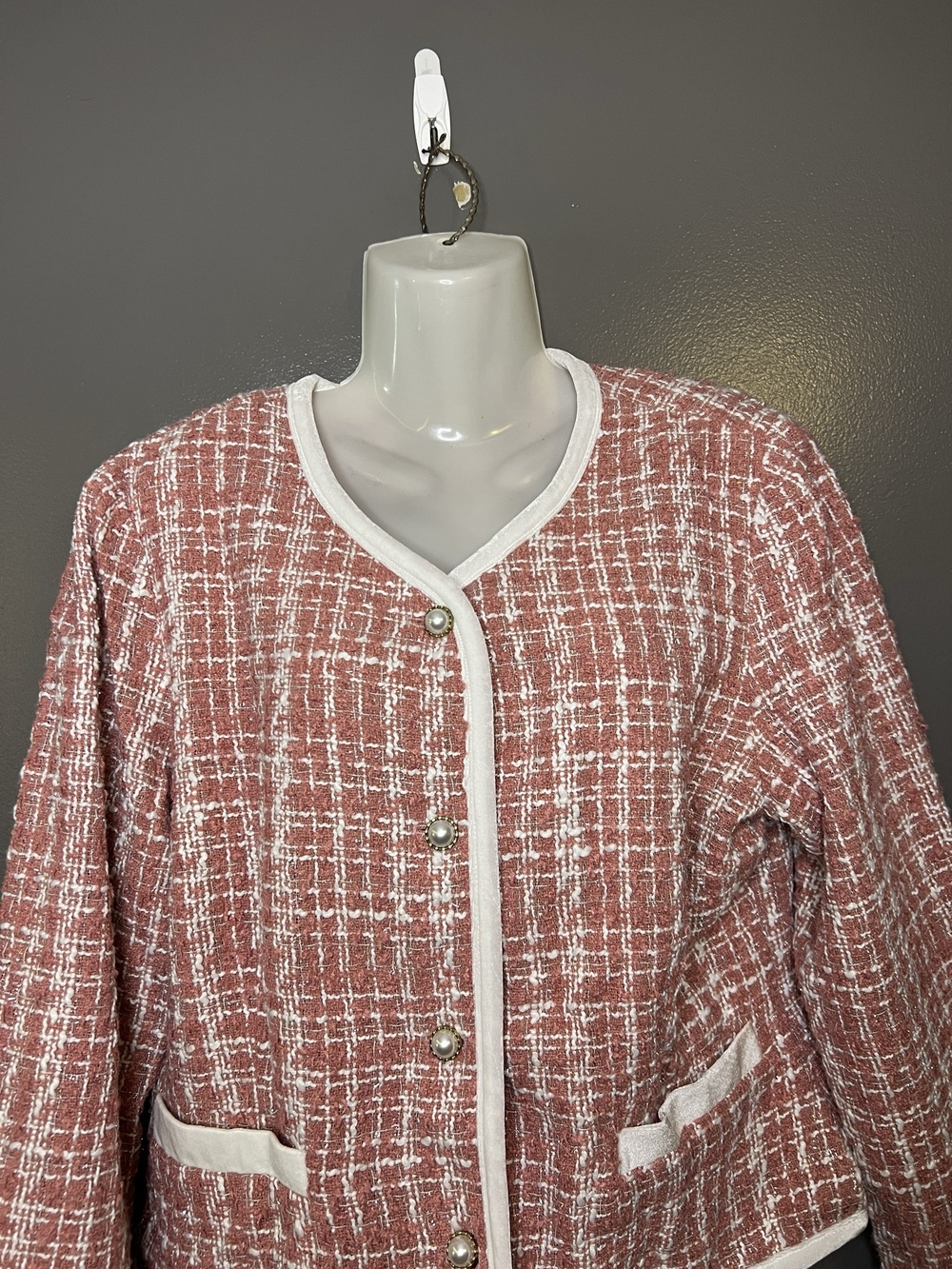 Allegra K Jacket Womens Large Pink Tweed Pearl Button Front Pockets Collarless
